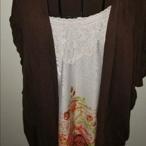 Brown cardigan with build in white floral shirt